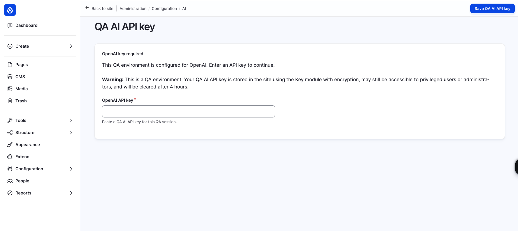 QA AI API key form