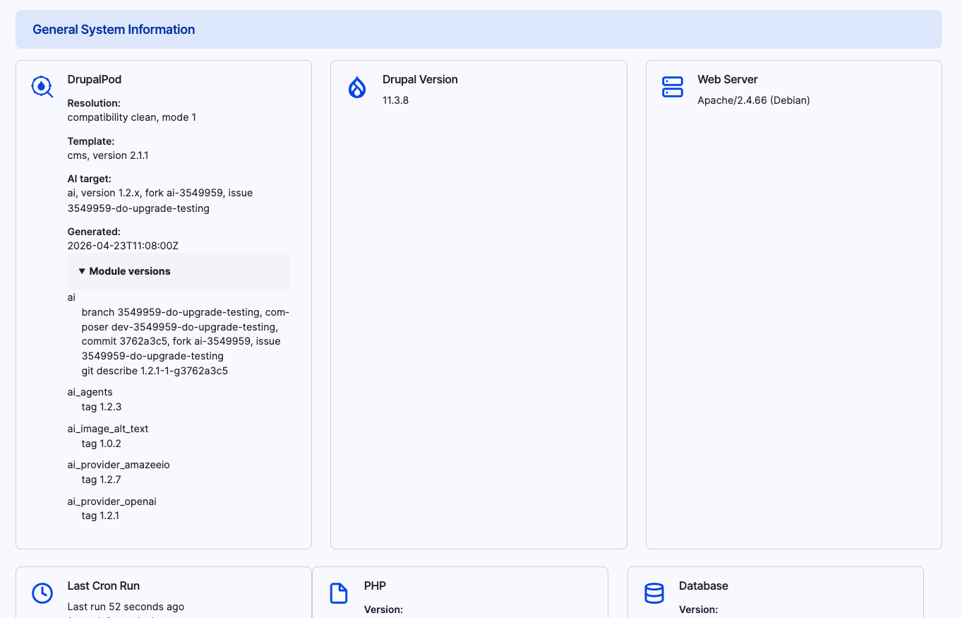 DrupalPod system information in the Drupal status report