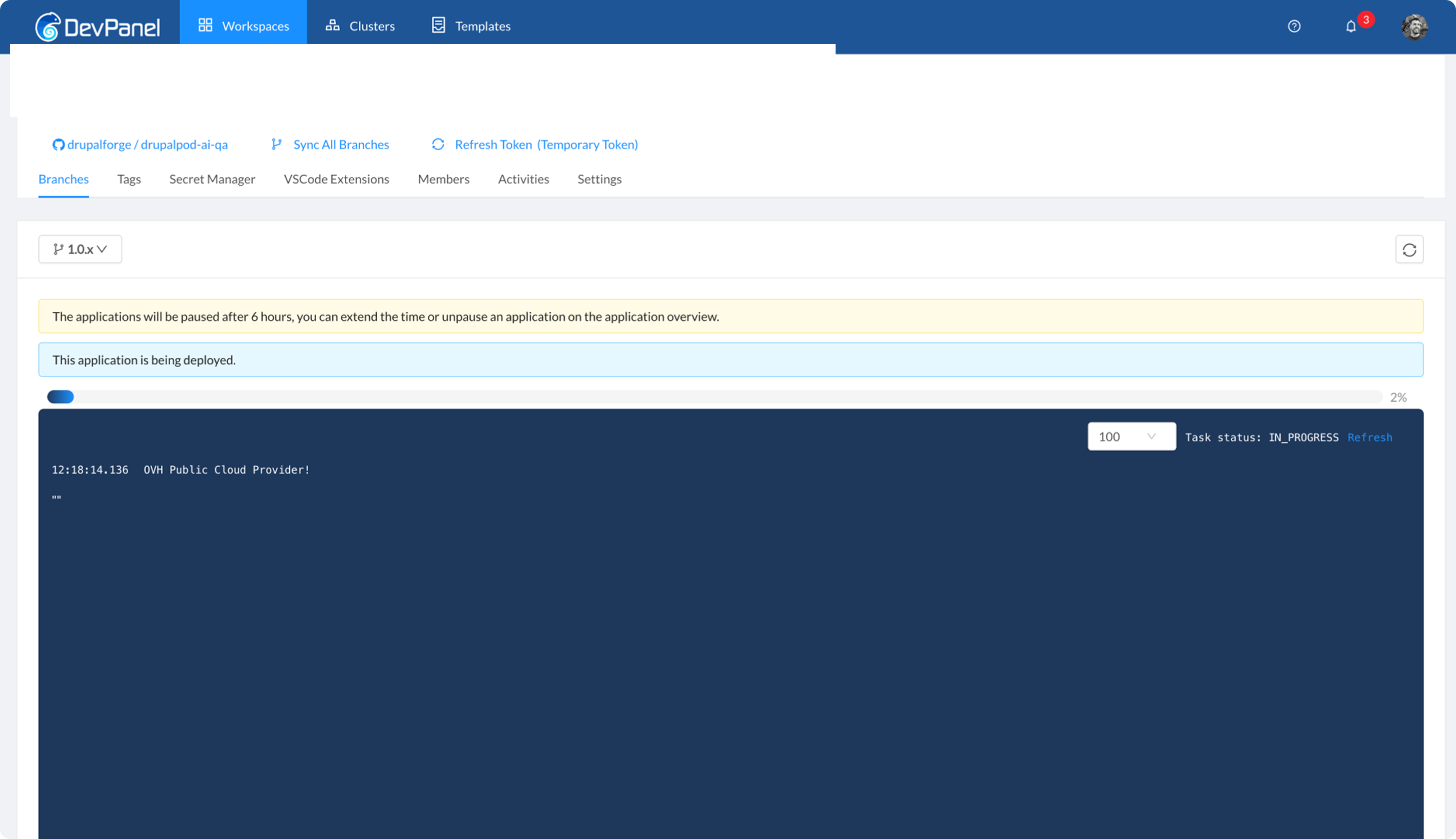 DevPanel deployment in progress
