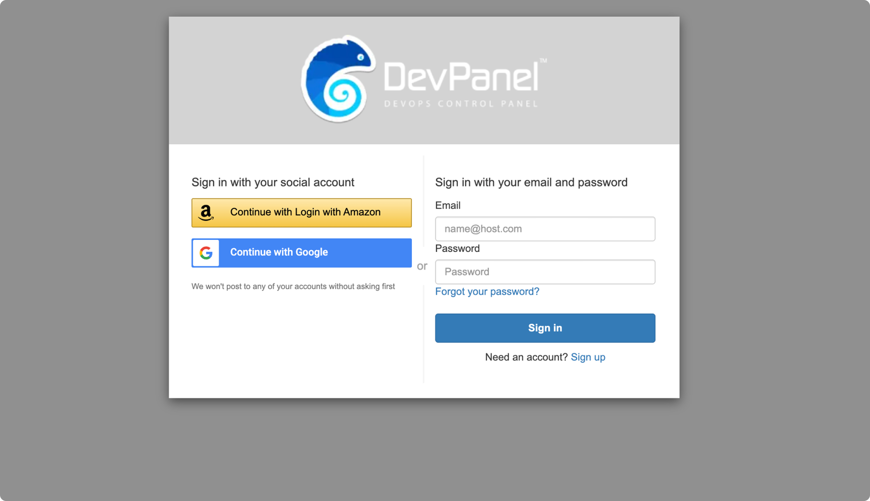 DevPanel sign-in screen