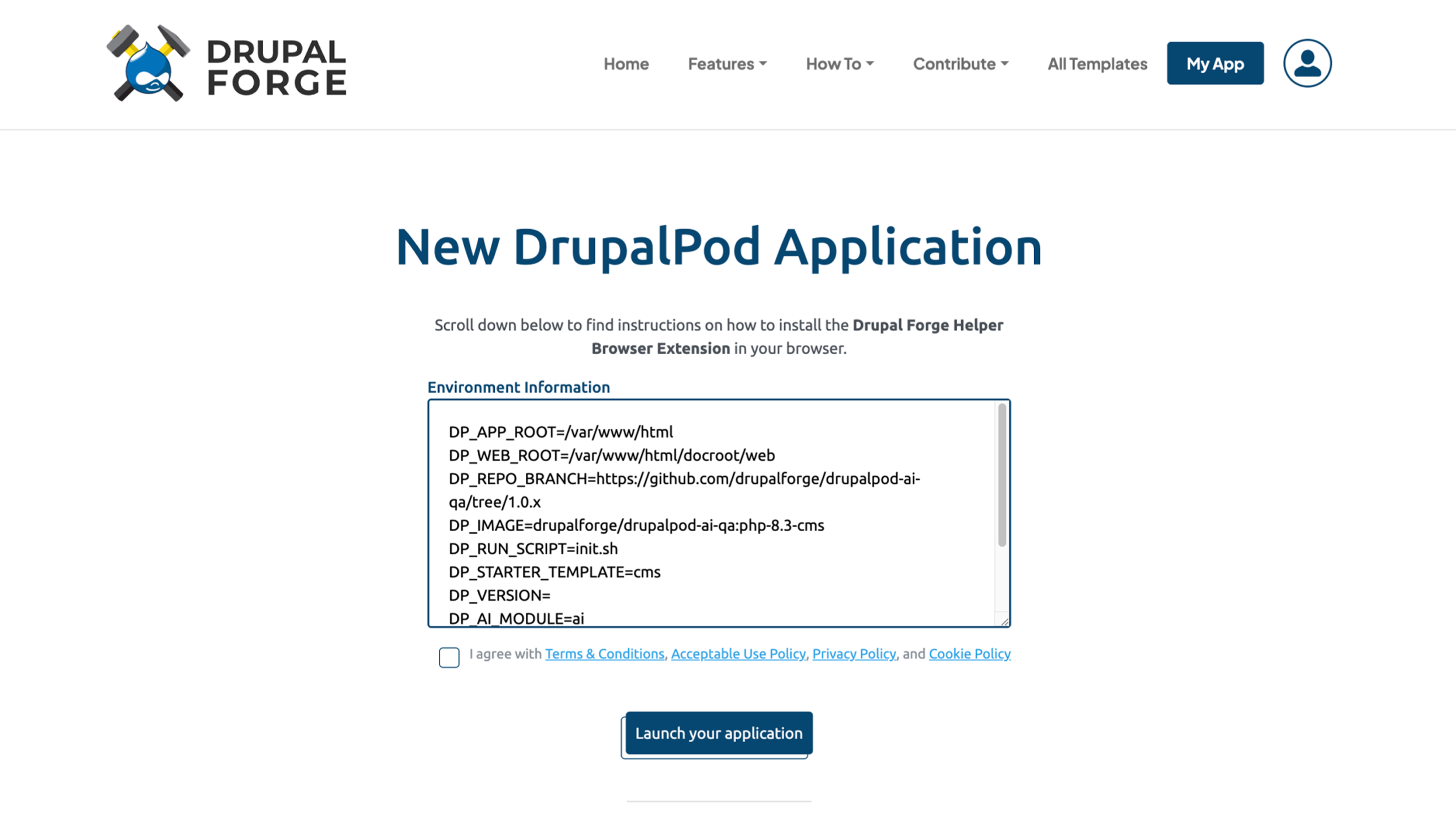 Generated environment information in DrupalForge