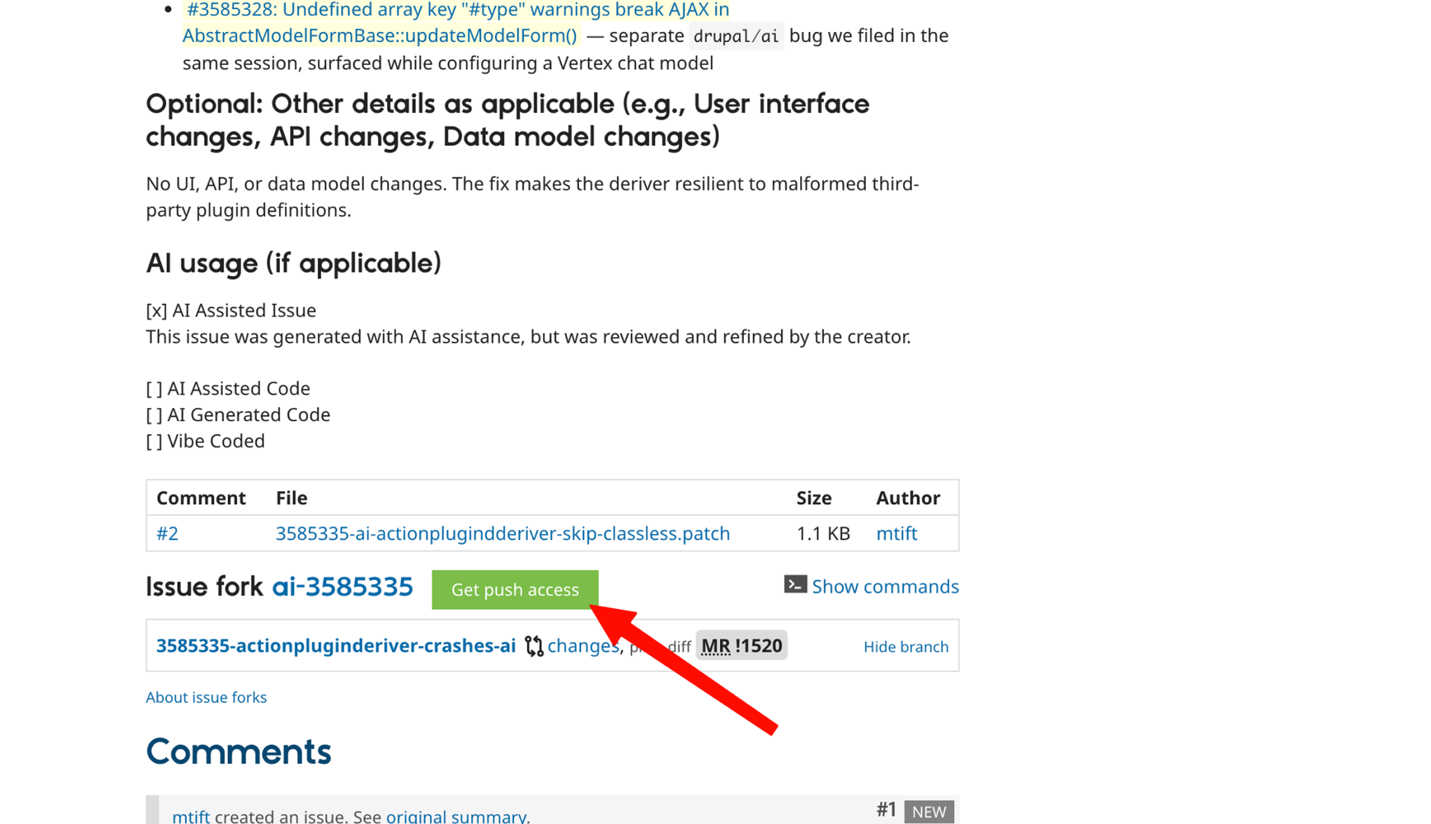 Get push access on the issue page