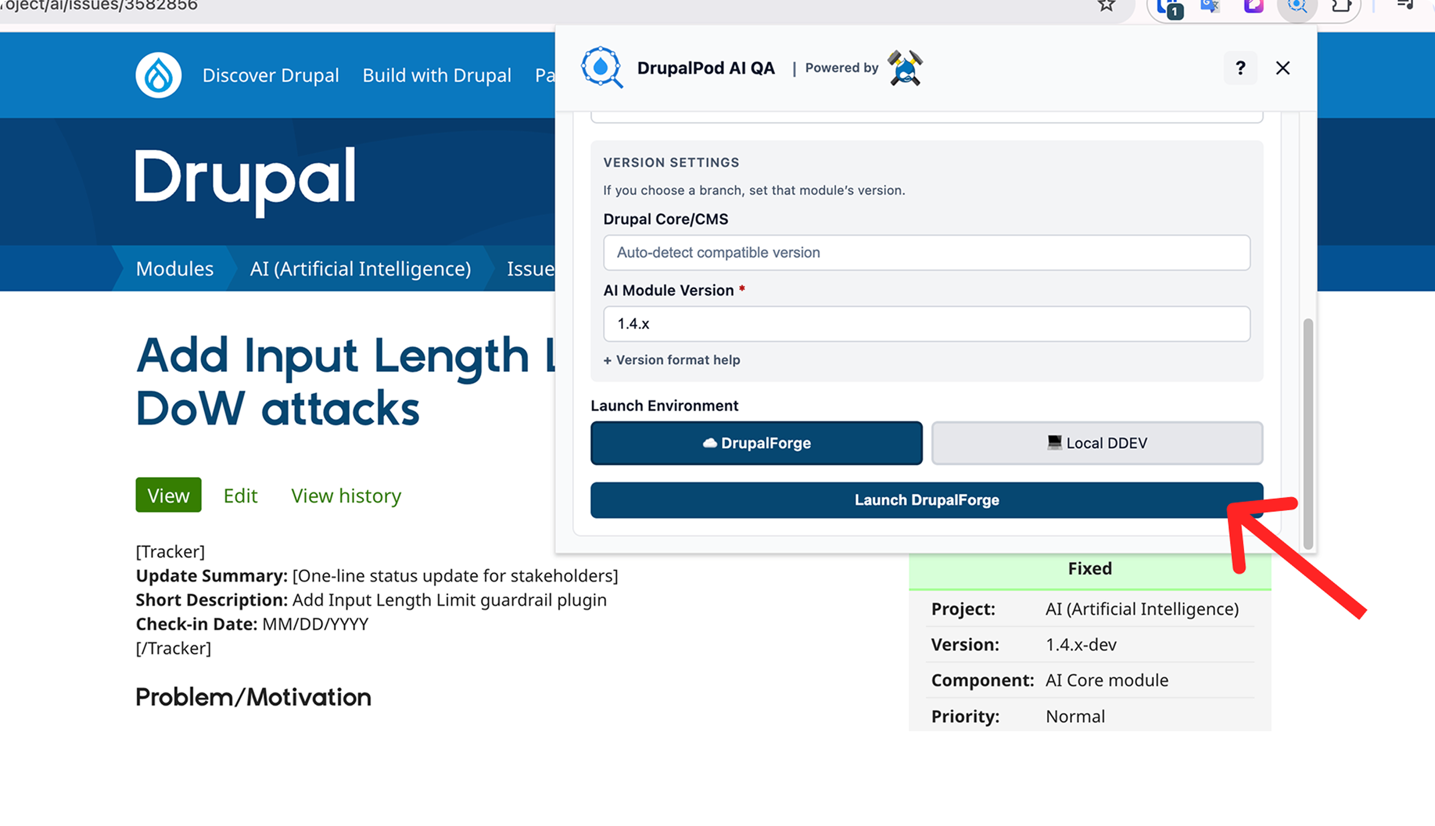 Launch DrupalForge from the extension