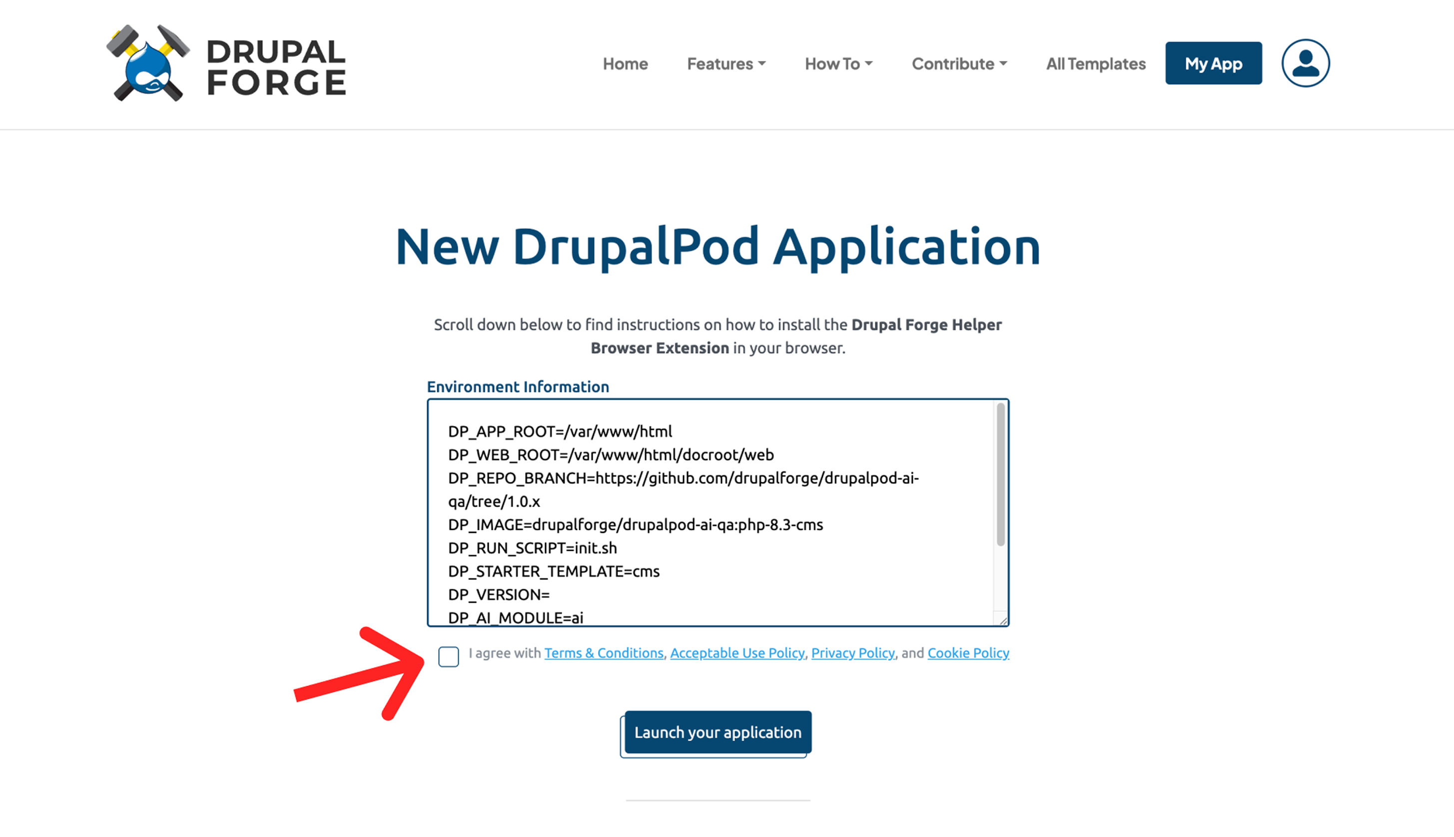 Terms and conditions checkbox before launch